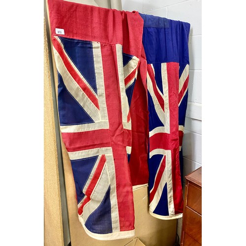 672 - Two vintage flags blue and red with union jack, red is 115cm x 170cm, blue is 100cm x 190cm