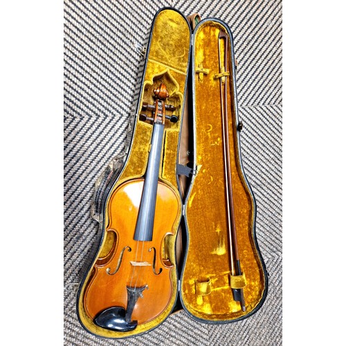 345 - Cased violin with a silver tipped W. E. Hill & Sons bow, violin approx 23