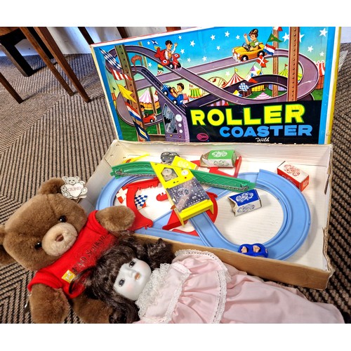 352 - Boxed vintage rollercoaster toy made in Hong Kong, doll, and Gund Fao Schwarz teddy bear