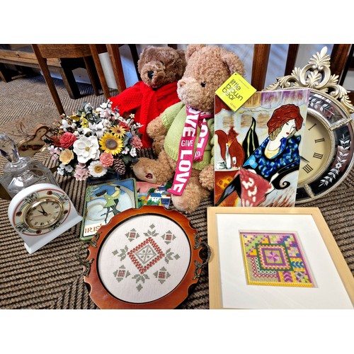 353 - Plastic flower ornament, decanter, wall mirror, House of Fraser & Gund teddy bears, etc