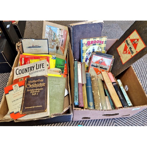 368 - Two boxes of assorted books including Oscar Wilde, Ordnance Survey maps, Arthur Ransome, etc