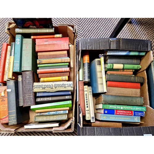 369 - Two boxes of assorted books including Charles Dickens, Wagner, physics-related, Robert Louis Stevens... 