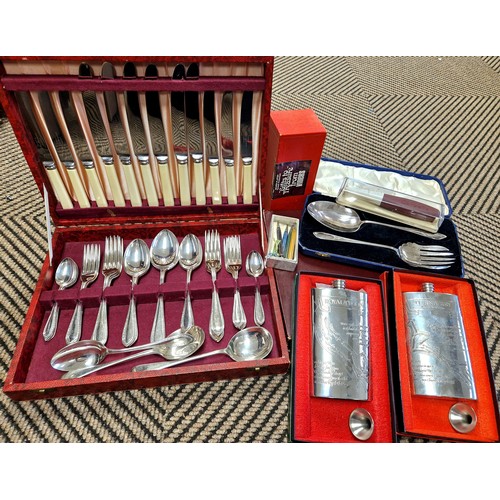 375 - Two boxed pewter hipflasks Royal Troon and Turnberry Ailsa course, miniature mechanical pencils, and... 