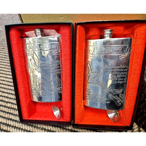 375 - Two boxed pewter hipflasks Royal Troon and Turnberry Ailsa course, miniature mechanical pencils, and... 