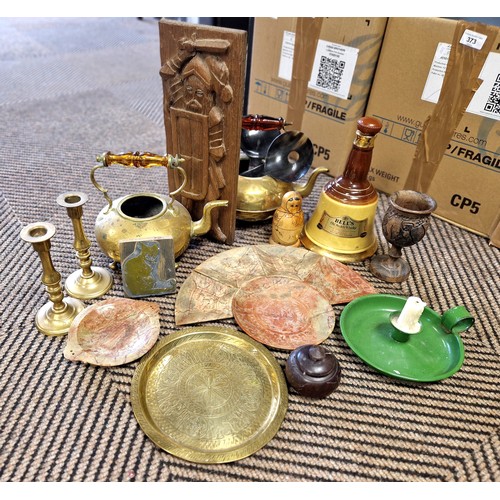 376 - Brassware to include kettles & candlestick holders, Chinese soapstone plates with etched detail,... 