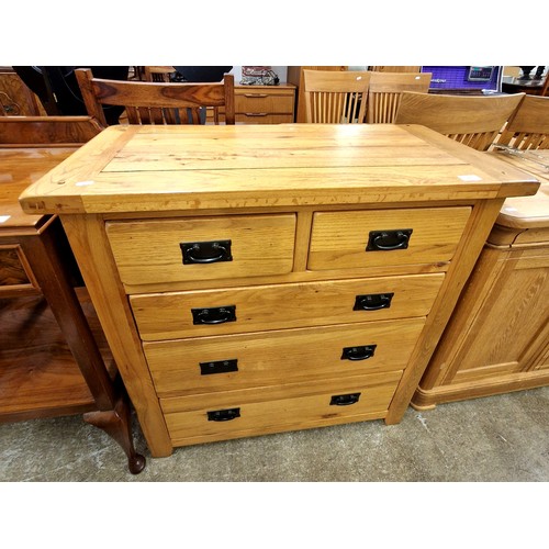 585 - Contemporary two over three oak chest, 98cm h x 92cm w x 43cm d