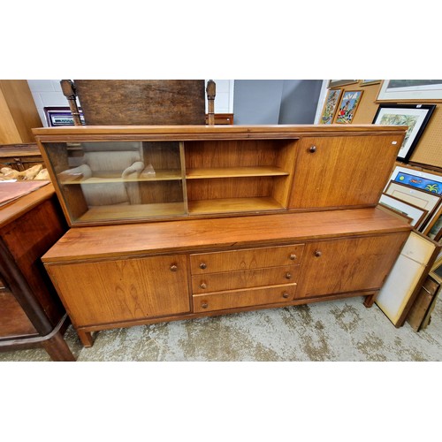 577 - Mid-century teak sideboard with glazed display cabinet top, H 112cm, W180cm, D 46cm