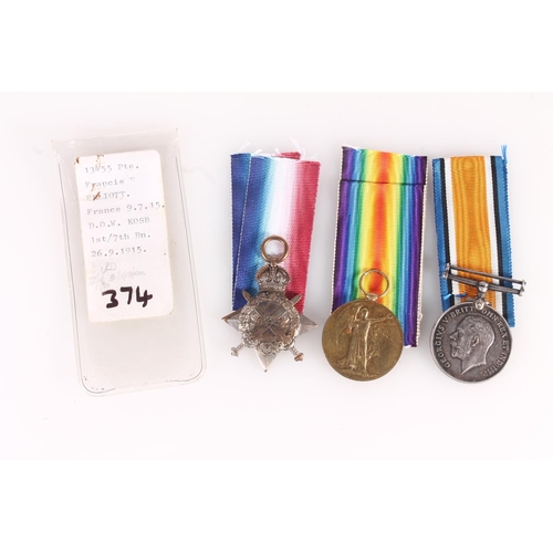 1399 - Medals of 13455 Private FRANCIS Elliott of the 7th Battalion Kings Own Scottish Borderers KOSB who w... 