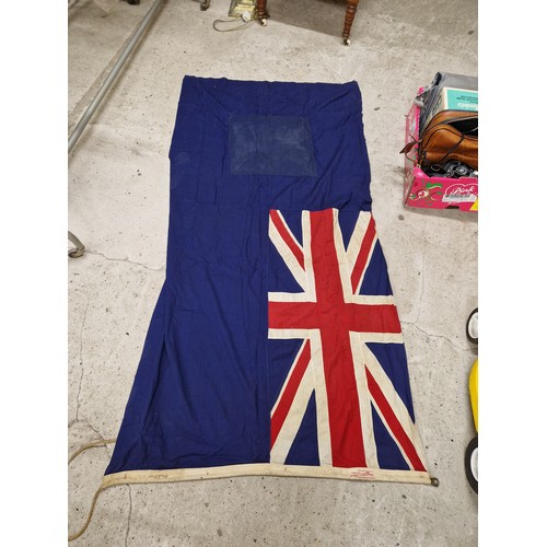 672 - Two vintage flags blue and red with union jack, red is 115cm x 170cm, blue is 100cm x 190cm