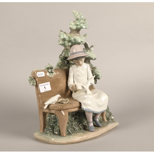 1 - Nao figurine girl on bench with birds, 33cm h.