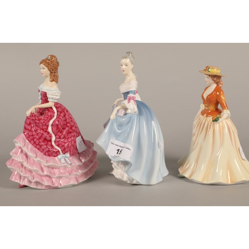 15 - Three Royal Doulton figurines including Autumn Stroll HN4588, Southern Belle HN4932, and Sweet Sixte... 