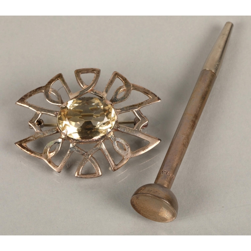 77 - An Ortak citrine set silver brooch with box, and a silver mechanical pencil in the form of a golf te... 