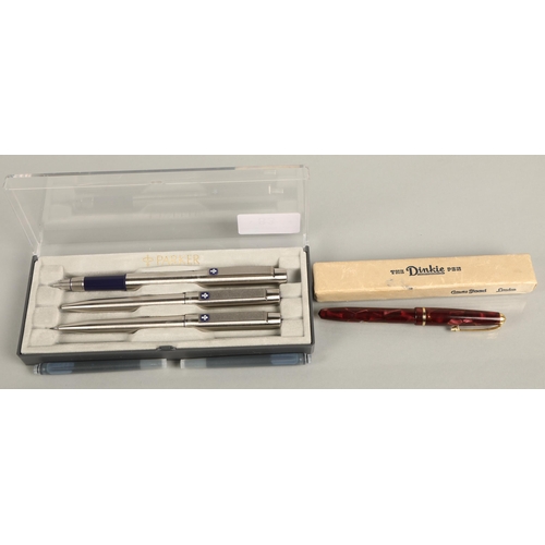 83 - Boxed set of three Parker pens and a Dinkie pen in box