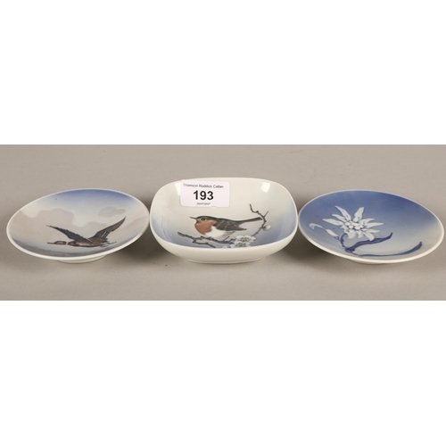 193 - Three Royal Copenhagen Denmark pin dishes with duck, robin, and floral designs