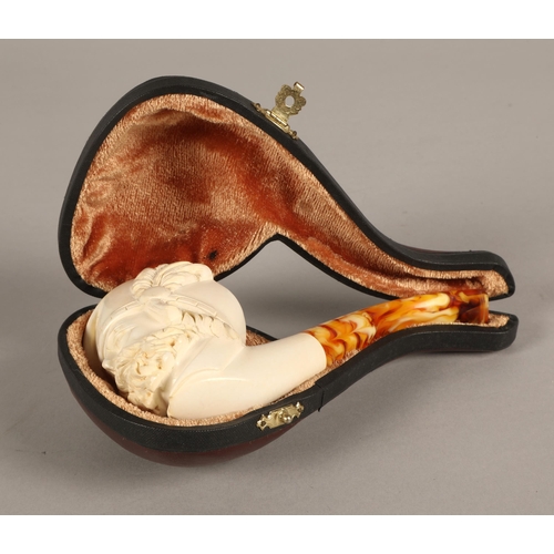 204 - Meerschaum pipe in fitted case, a brass Zippo lighter USS Simon Lake AS-33 engraving, a wooden box w... 