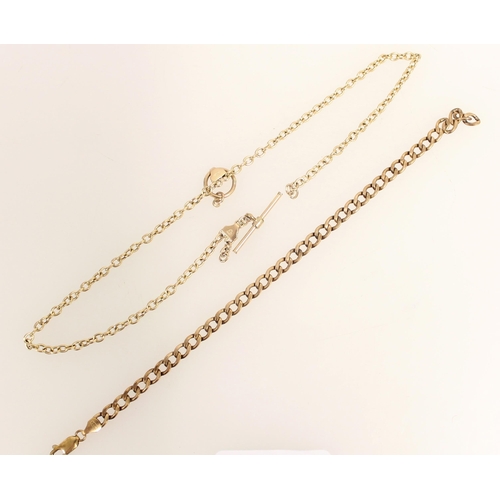 408 - 9ct gold flat curb link bracelet and a thin 9ct gold fob chain, gross 6.5g.