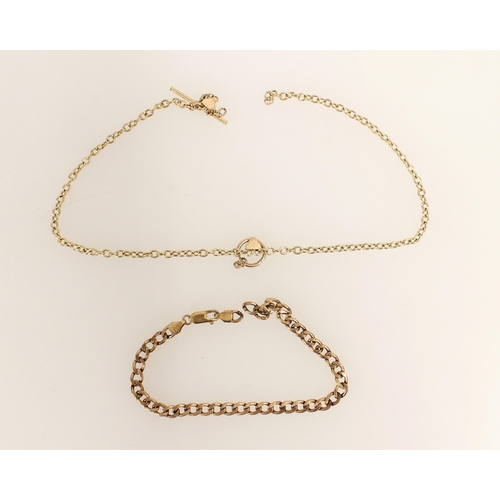 408 - 9ct gold flat curb link bracelet and a thin 9ct gold fob chain, gross 6.5g.