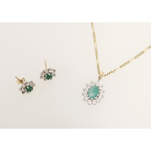 413 - Emerald and white stone cluster pendant on 9ct gold fine chain together with a matching pair of earr... 