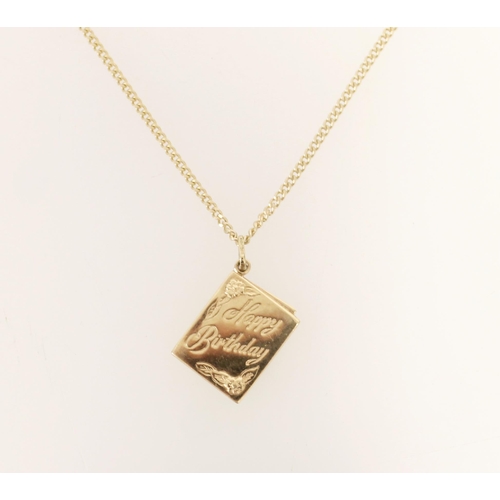 418 - Yellow metal card pendant on 9ct gold fine chain, chain weight 2.7g.