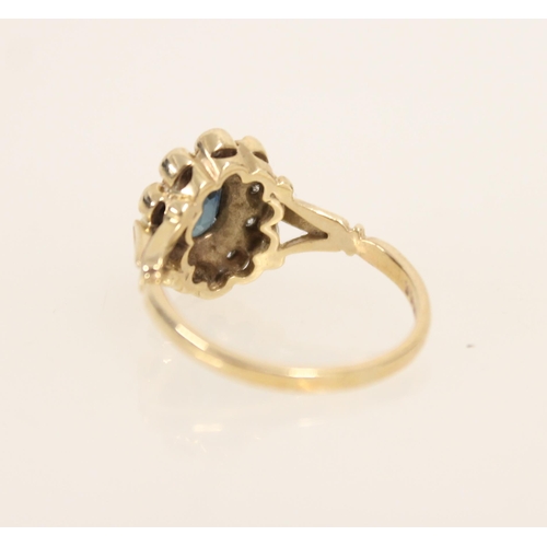 434 - 9ct gold blue stone and diamond cluster ring, size L, 2.7g.