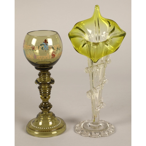 220 - Assorted glassware including continental / bohemian style vases, a green wine goblet, silver topped ... 