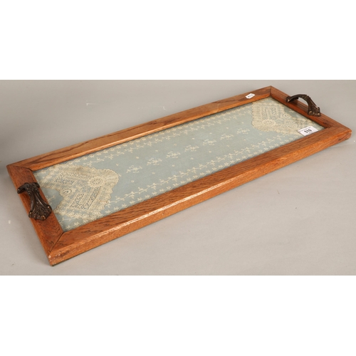 510 - Twin handled tray with inset lace panel and an antique mantel clock Edward of Glasgow