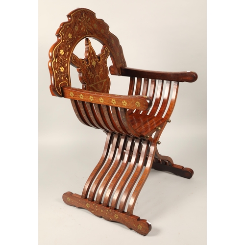 549 - Brass inlaid hall chair, 110cm high