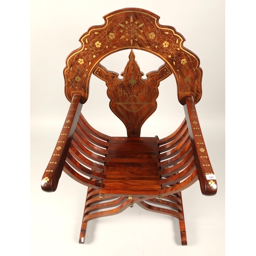 549 - Brass inlaid hall chair, 110cm high