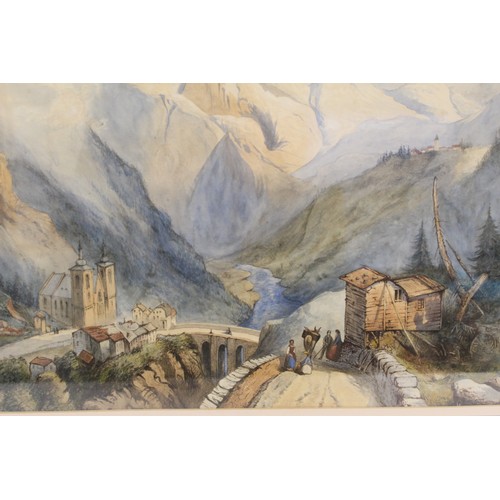 295 - Attrib. Henry Harris Lines (British 1801 - 1889).Swiss Alps mountainous landscape with village.Water... 