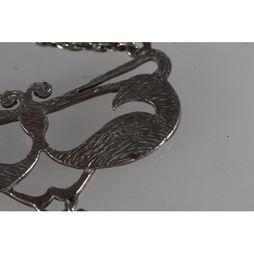 441 - Ola Marie Gorie silver stylized bird and suspended pearl pendant on silver chain.