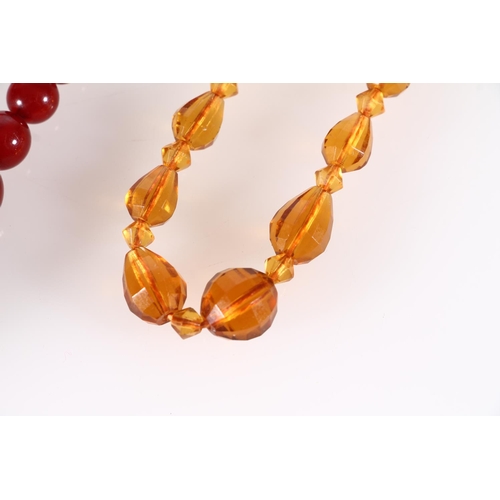 449 - Cherry amber bakelite or Lucite beaded necklace, 34g, together with two other faceted bead necklaces... 