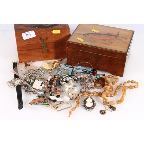 451 - Box of costume jewellery, watch etc. together with one other empty jewellery box.