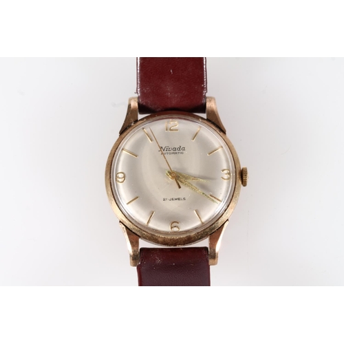 472 - Nivada automatic 9ct gold cased 21 jewels wristwatch on brown leather strap, presentation inscriptio... 