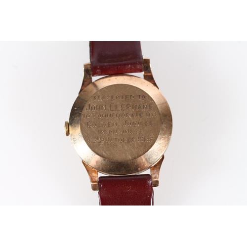 472 - Nivada automatic 9ct gold cased 21 jewels wristwatch on brown leather strap, presentation inscriptio... 