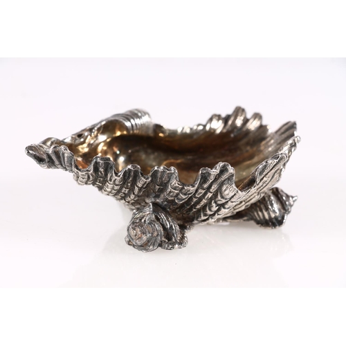 478 - Victorian Elkington and Co. silver plated shell form table salt with gilt interior, W12cm.