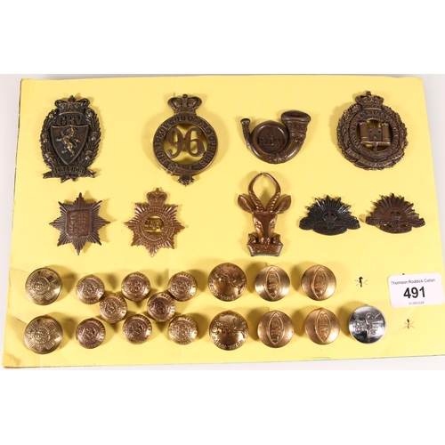 491 - Board of military cap badges and buttons to include 96th Regiment, 1st RDM (Royal Devon Military), S... 