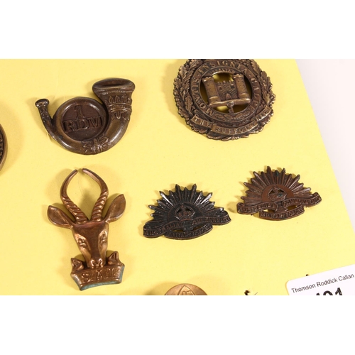 491 - Board of military cap badges and buttons to include 96th Regiment, 1st RDM (Royal Devon Military), S... 