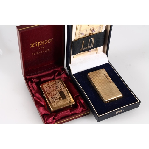 492 - Dunhill gold plated lighter in original case together with a Zippo for H. Samuel lighter in original... 