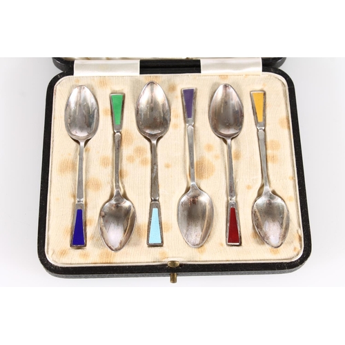 494A - Set of six Art Deco silver and enamel teaspoons, Birmingham 1934, 42g, in original retailers case.