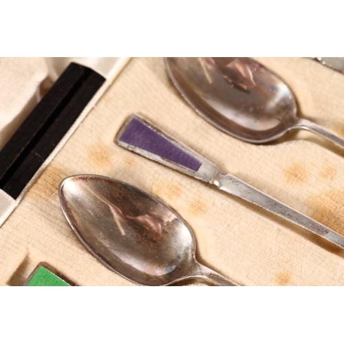 494A - Set of six Art Deco silver and enamel teaspoons, Birmingham 1934, 42g, in original retailers case.