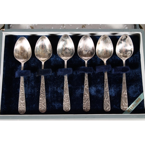 494C - Set of six continental silver teaspoons of a Japanese aesthetic style, the bowls marked 'Sterling', ... 