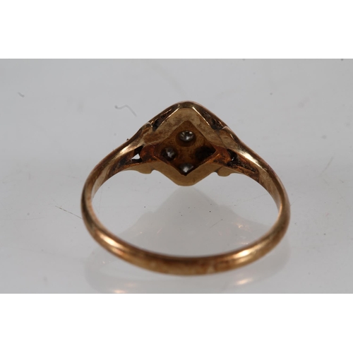 506 - Unmarked yellow metal diamond nine stone ring, the stones set in a 3x3 matrix on a diamond platform,... 