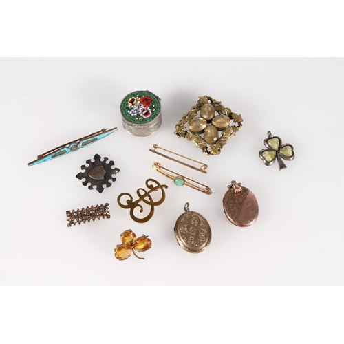 519 - Italian micromosaic pill box, two gold plated lockets, yellow metal bar brooches etc.