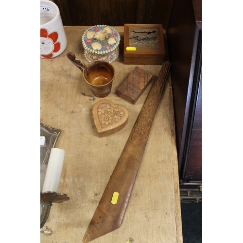 115 - Treen letter opener with carved Celtic style knotwork handle, a Scandinavian kovsh type tankard, an ... 