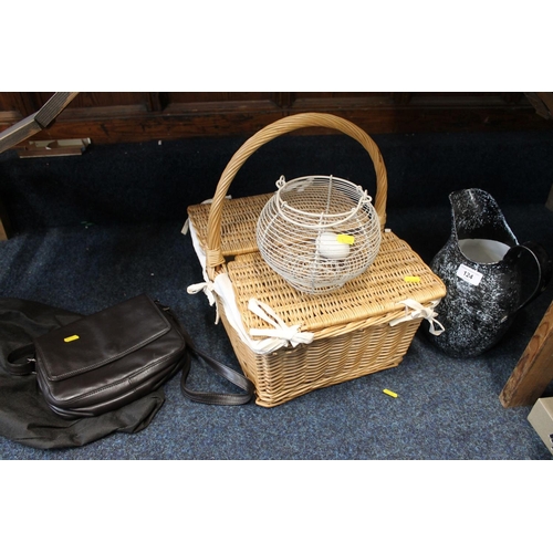 124 - Lady's brown leather handbag by Tula, a wicker picnic basket, a metal jug, etc.