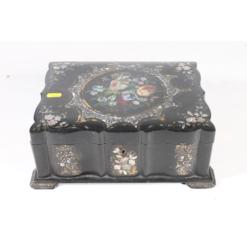 146 - Antique black lacquer papier mache hinge top jewellery casket with mother-of-pearl and abalone shell... 