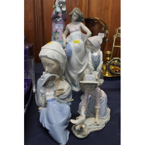 30 - Four Nao porcelain figurines and a Lladro bust of the Madonna.