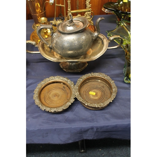 32 - Pair of silver-plated wine coasters, a silver-plated vase and a teapot.