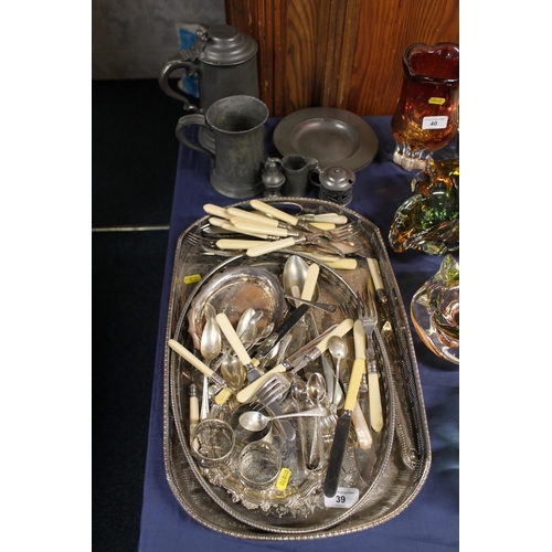 39 - 19th century glass bottom pewter tankard, other antique pewter ware and silver-plated items.