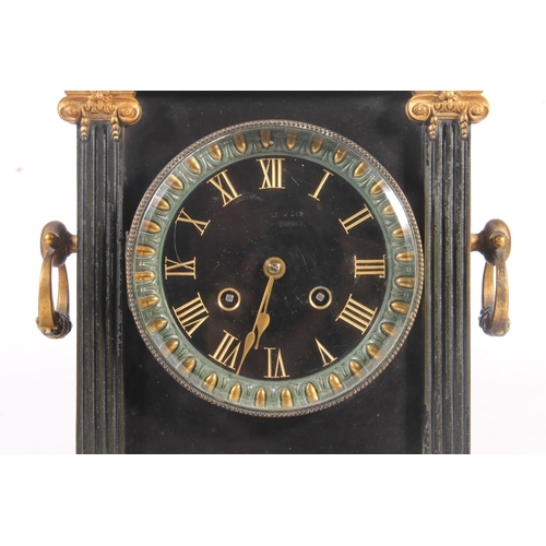 4 - Black slate and gilt painted mantel clock of classical design, 38cm high.